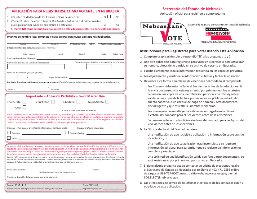 Aplicacion Para Registrarse Como Votante En Nebraska - Nebraska (Spanish) Download Pdf