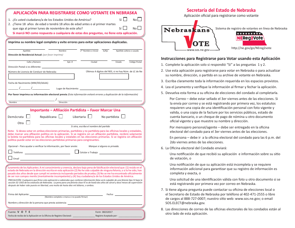 Aplicacion Para Registrarse Como Votante En Nebraska - Nebraska (Spanish), Page 1