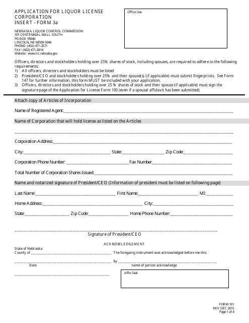 Form 101 (3A) Application for Liquor License Corporation Insert - Nebraska