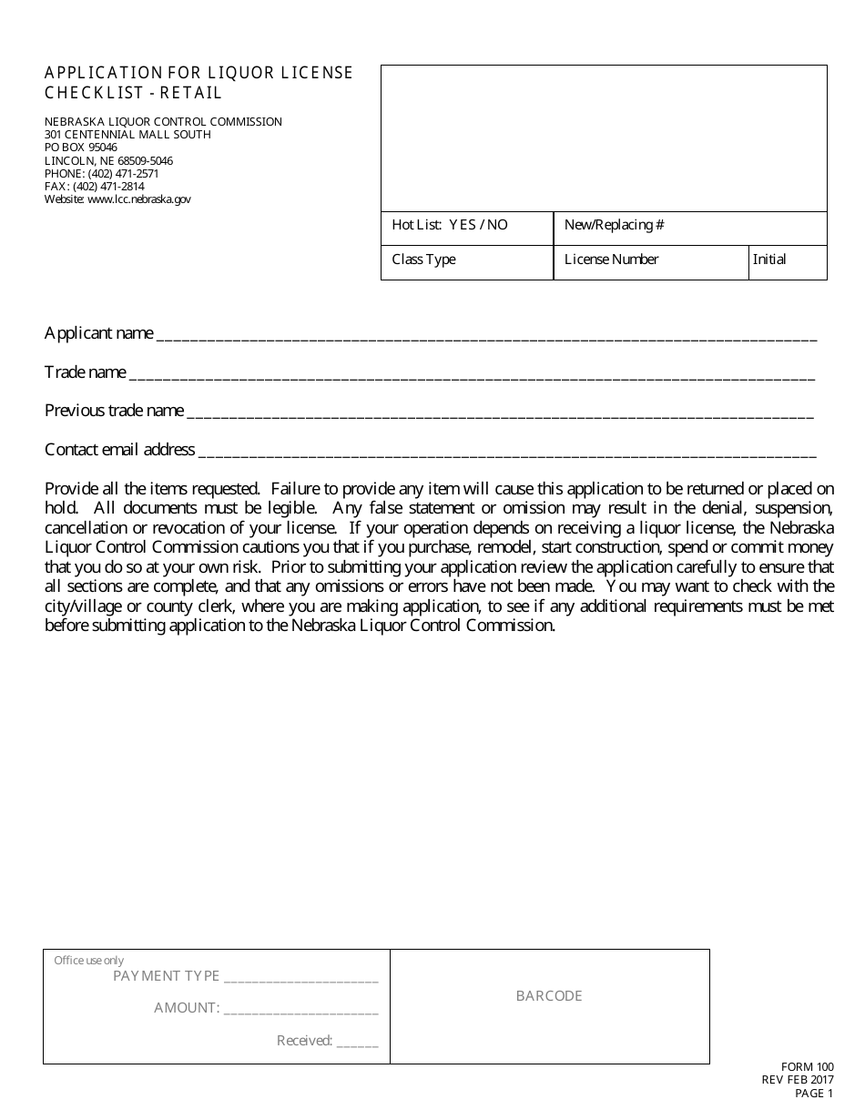Form 100 Application for Liquor License Checklist - Retail - Nebraska, Page 1