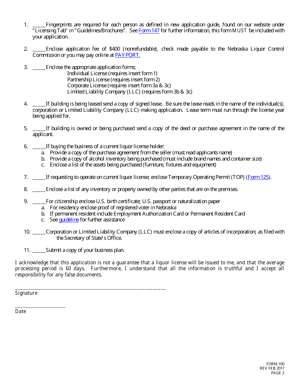 Form 100 Application for Liquor License Checklist - Retail - Nebraska, Page 2