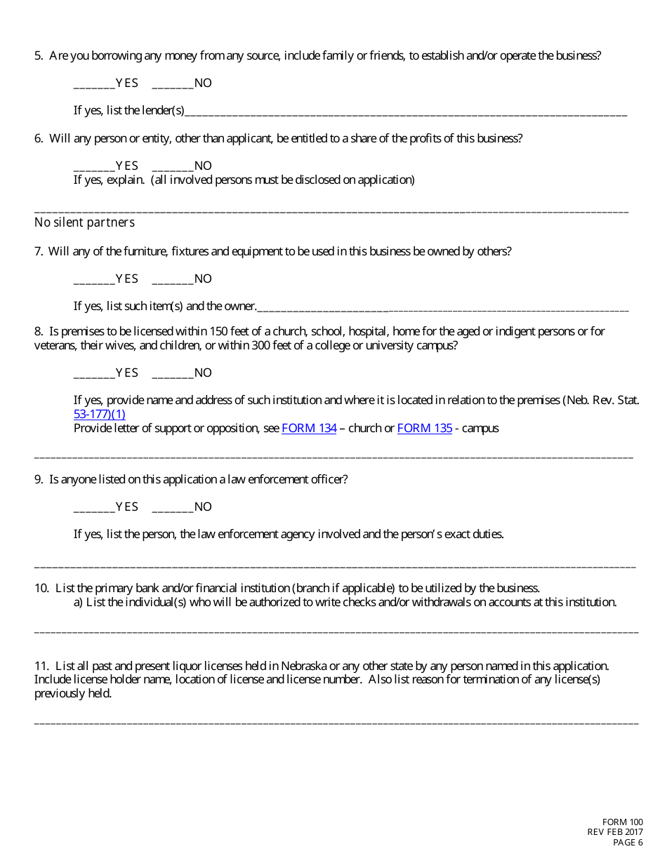 Form 100 Application for Liquor License Checklist - Retail - Nebraska, Page 6