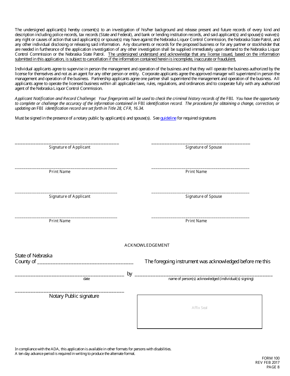 Form 100 Application for Liquor License Checklist - Retail - Nebraska, Page 8