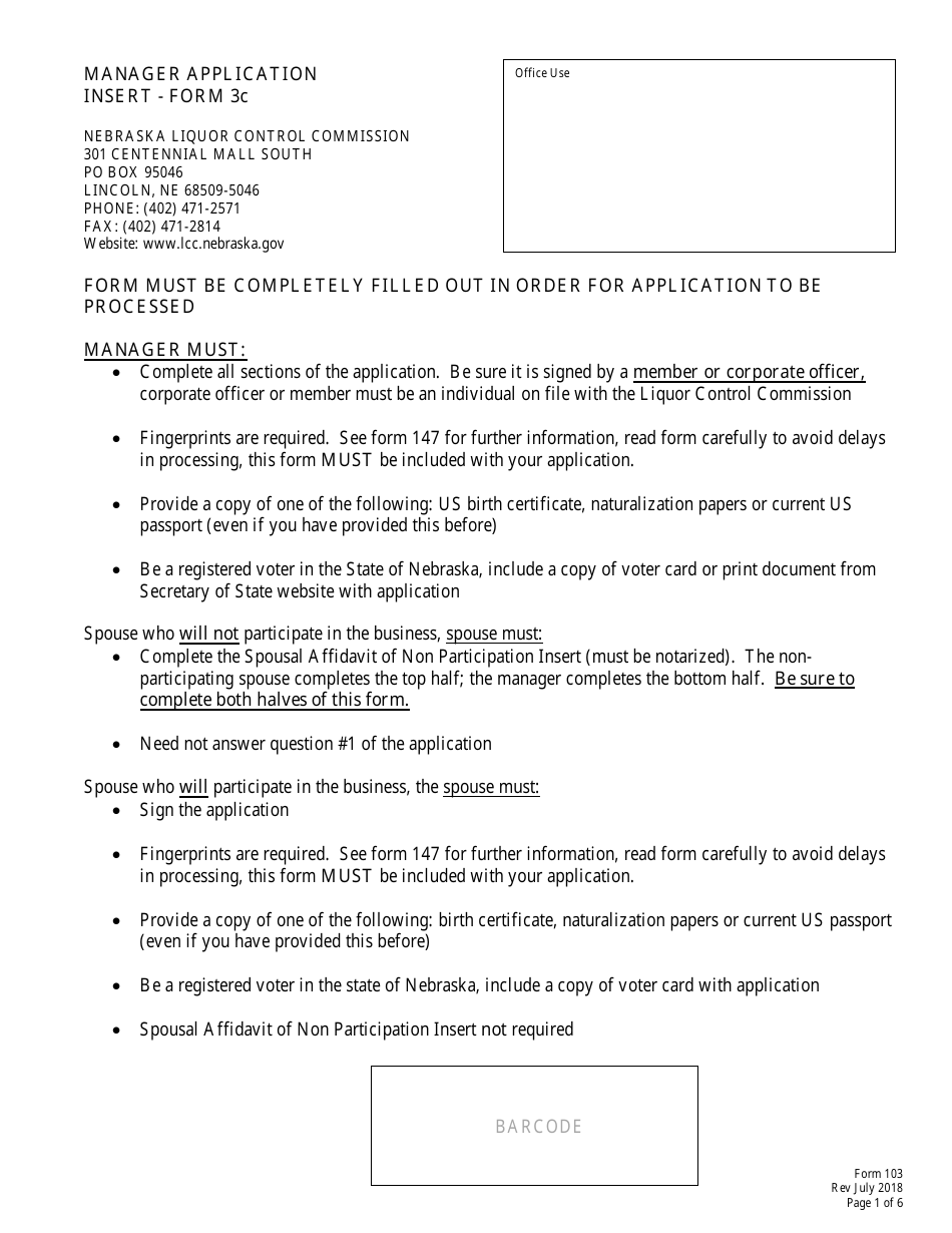 Form 103 (3C) Manager Application Insert - Nebraska, Page 1