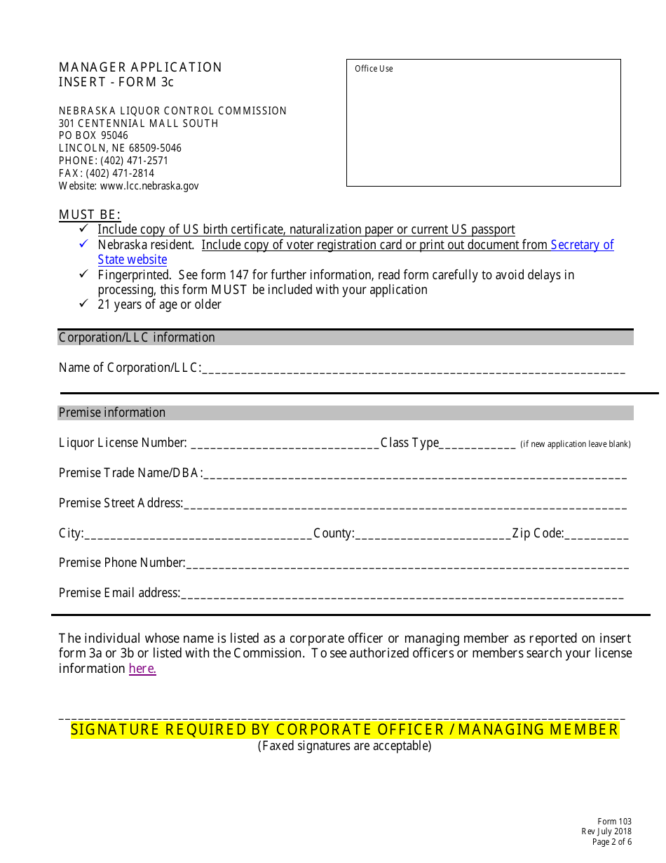 Form 103 (3C) Manager Application Insert - Nebraska, Page 2