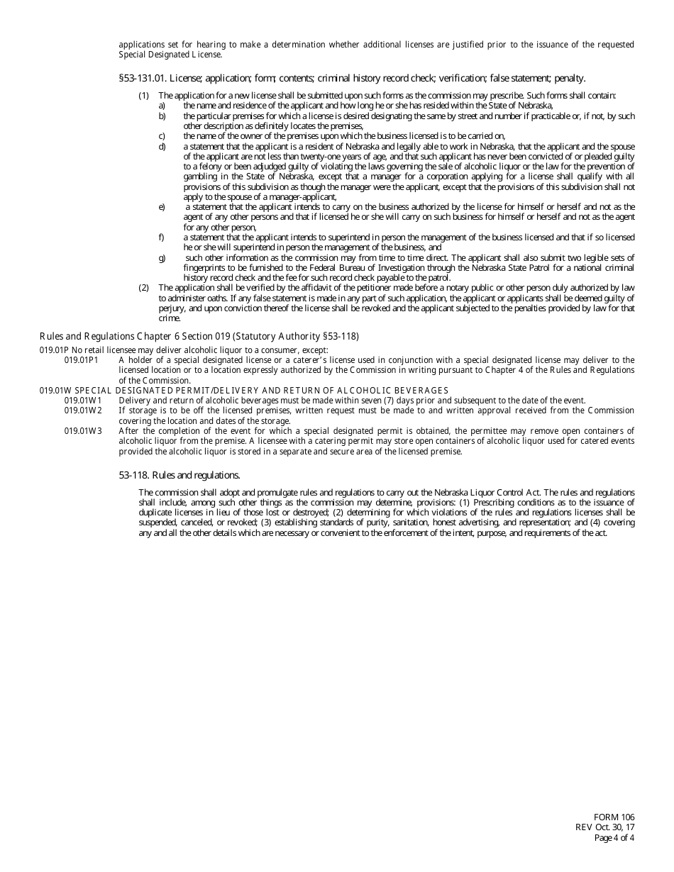 Form 106 Application for Catering Endorsement to License - Nebraska, Page 4