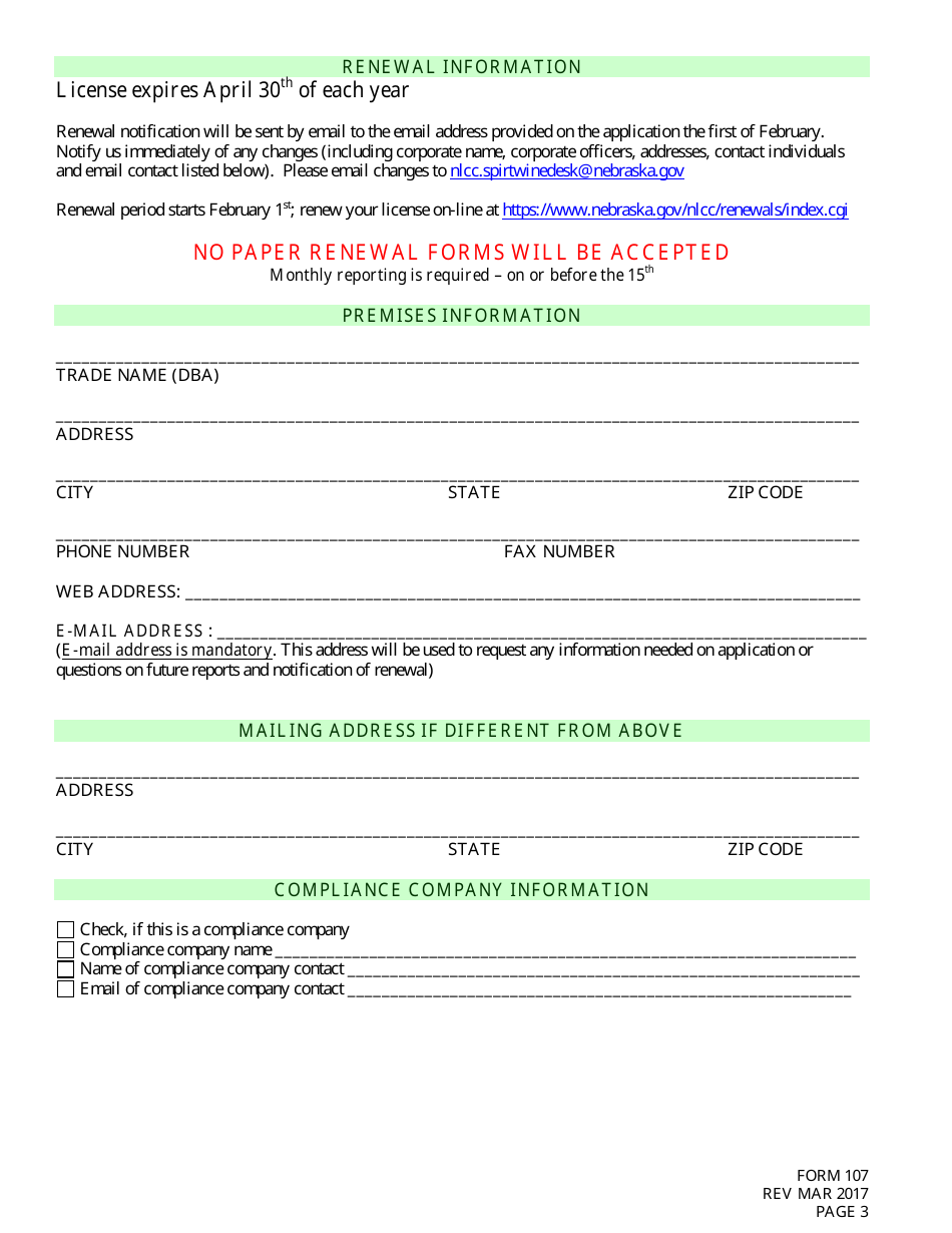 Form 107 Application for License to Ship to Wholesalers - Nebraska, Page 3