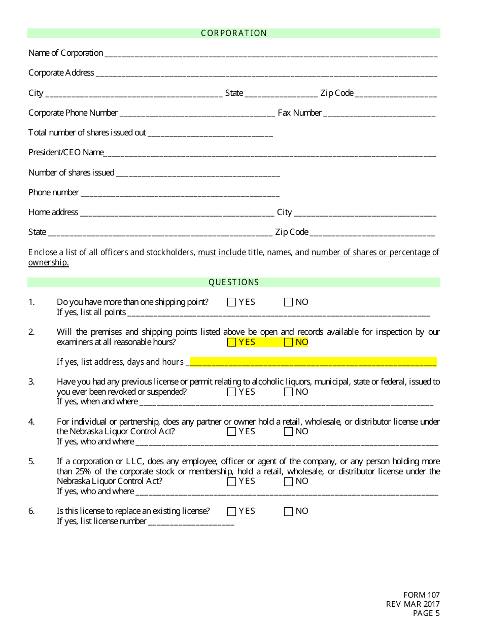 Form 107 Application for License to Ship to Wholesalers - Nebraska, Page 5