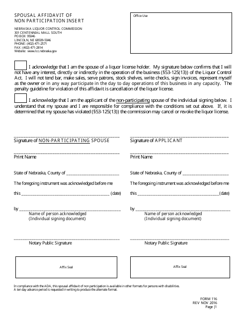 Form 116 Spousal Affidavit of Non-participation Insert - Nebraska