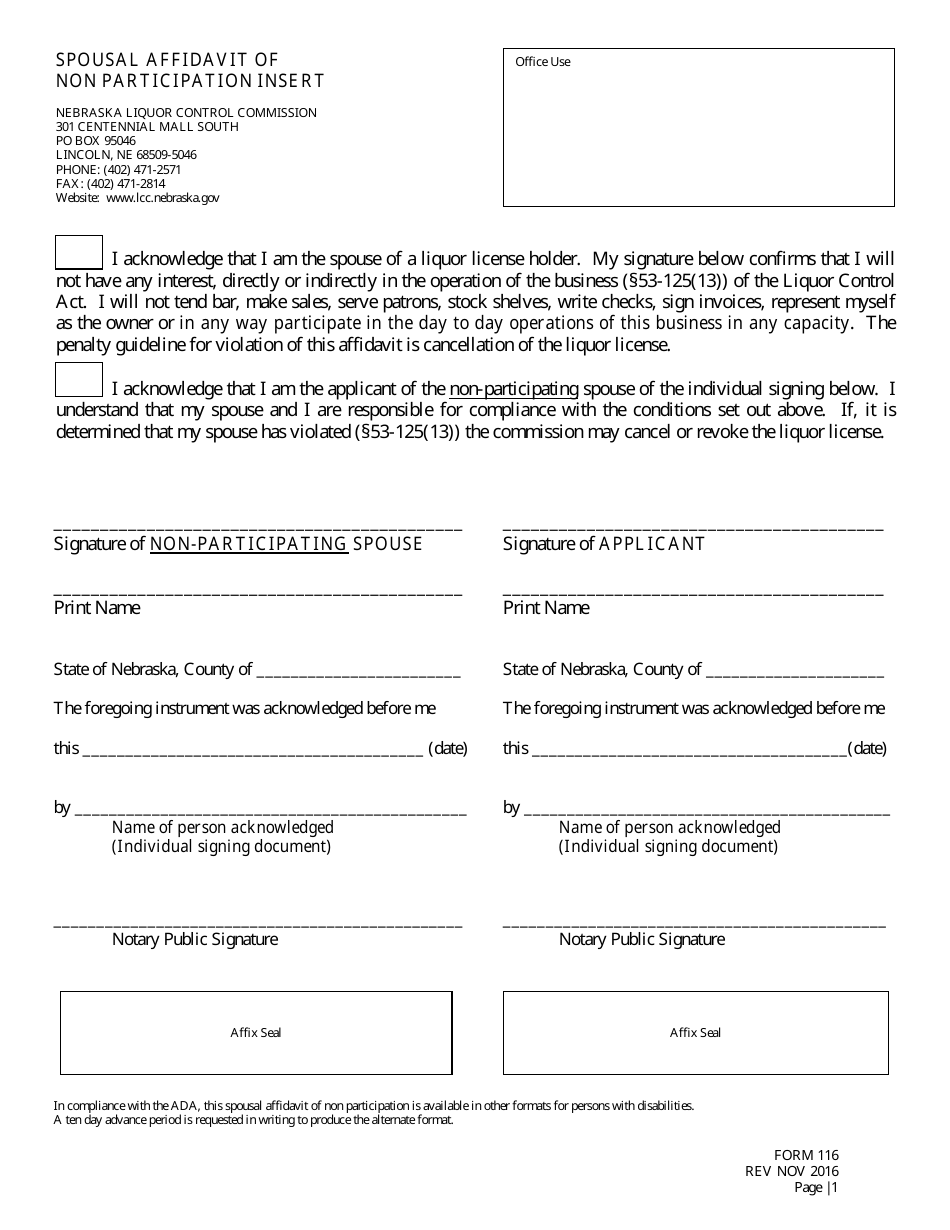 Form 116 Spousal Affidavit of Non-participation Insert - Nebraska, Page 1