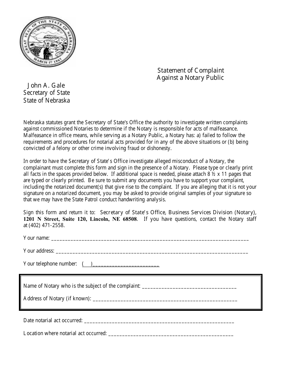 Statement of Complaint Against a Notary Public - Nebraska, Page 1