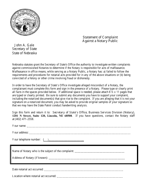 Statement of Complaint Against a Notary Public - Nebraska Download Pdf