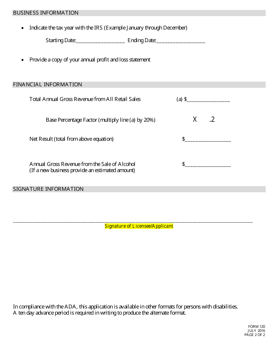 Form 120 Supplemental for Class J Limited Alcohol Sales - Nebraska, Page 2