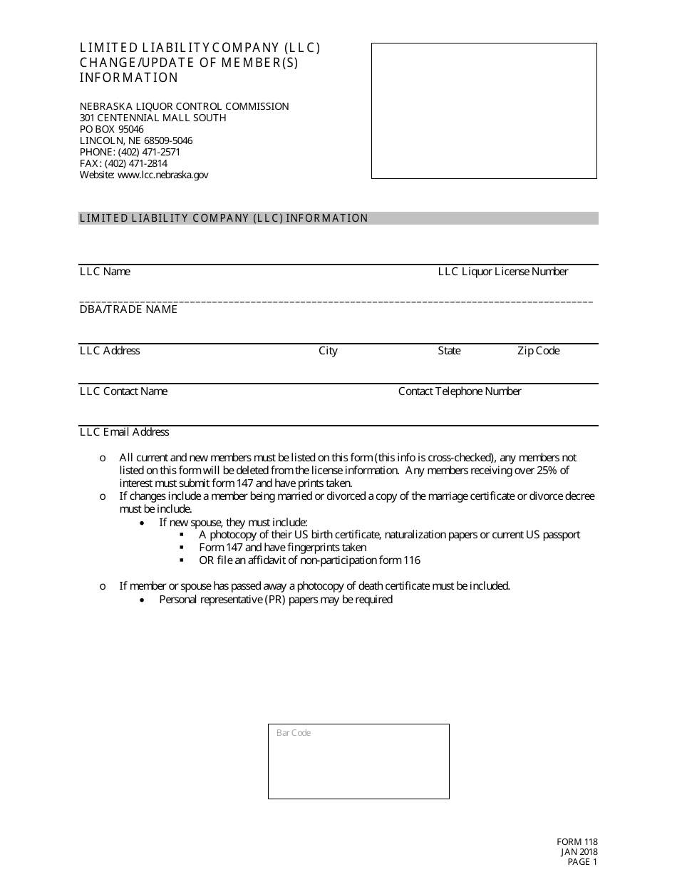 Form 118 Limited Liability Company (LLC) Change / Update of Member(S) Information - Nebraska, Page 1