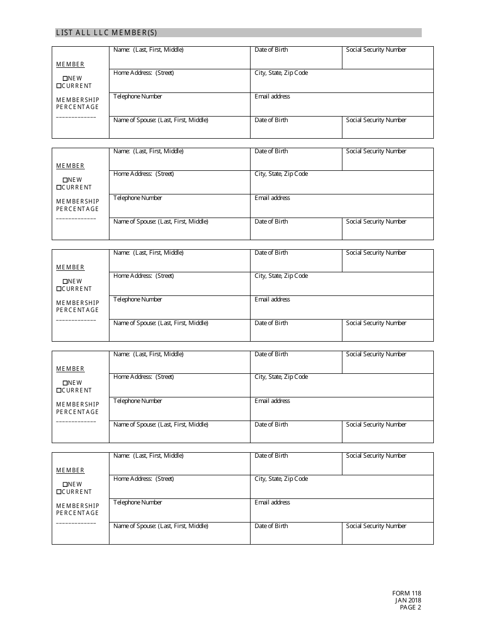Form 118 Limited Liability Company (LLC) Change / Update of Member(S) Information - Nebraska, Page 2