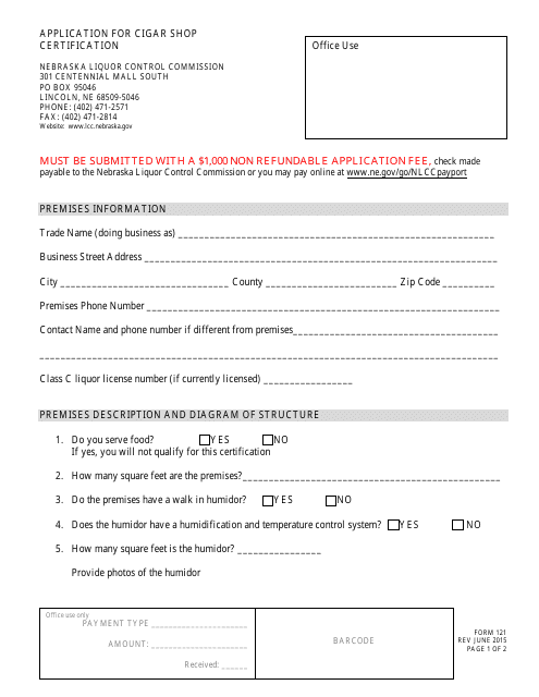 Form 121 Application for Cigar Shop Certification - Nebraska