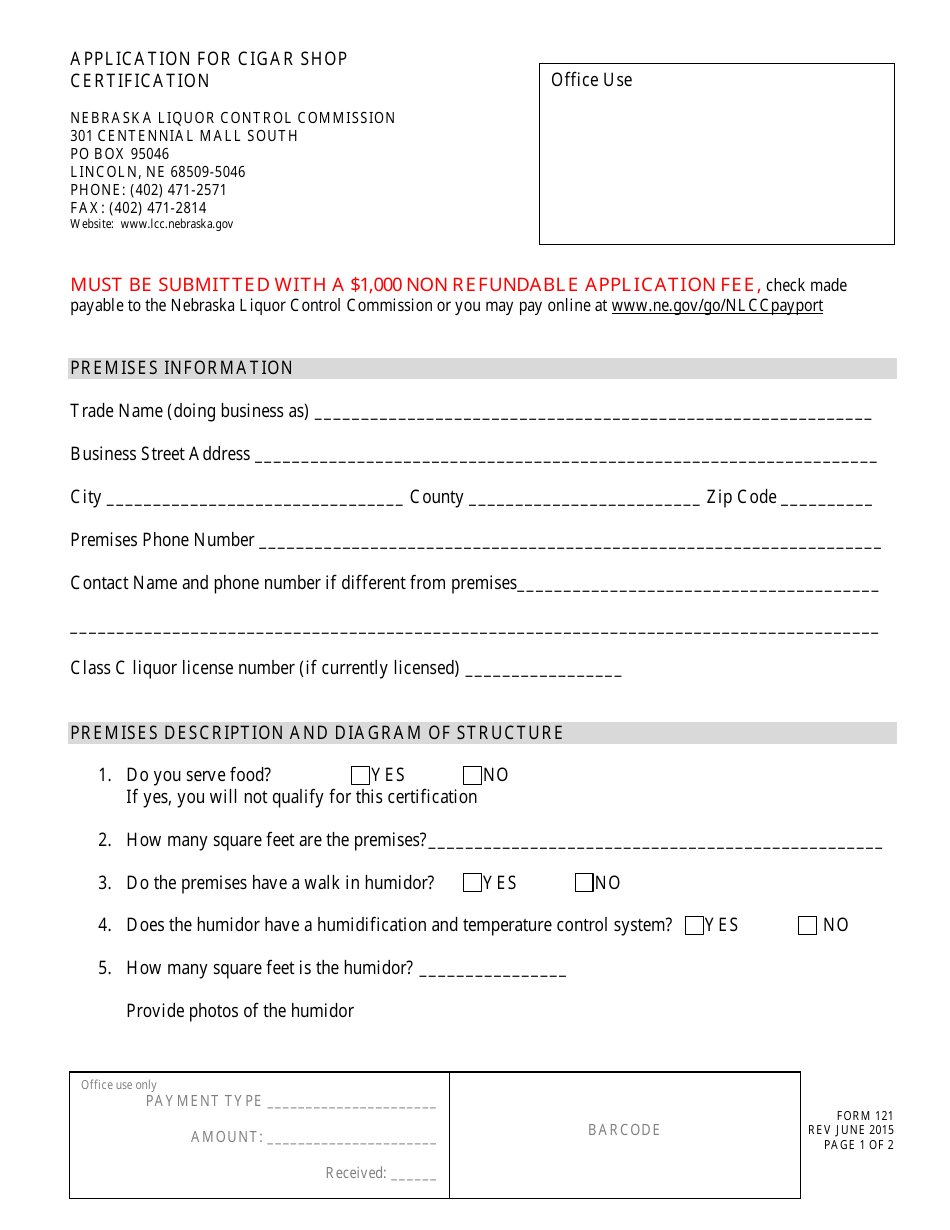 Form 121 Application for Cigar Shop Certification - Nebraska, Page 1