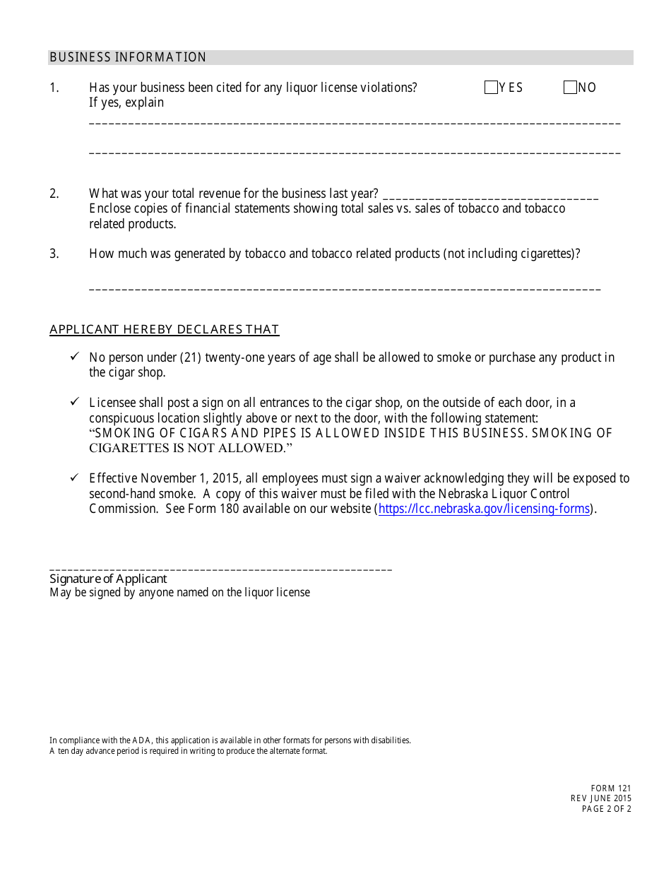 Form 121 Application for Cigar Shop Certification - Nebraska, Page 2