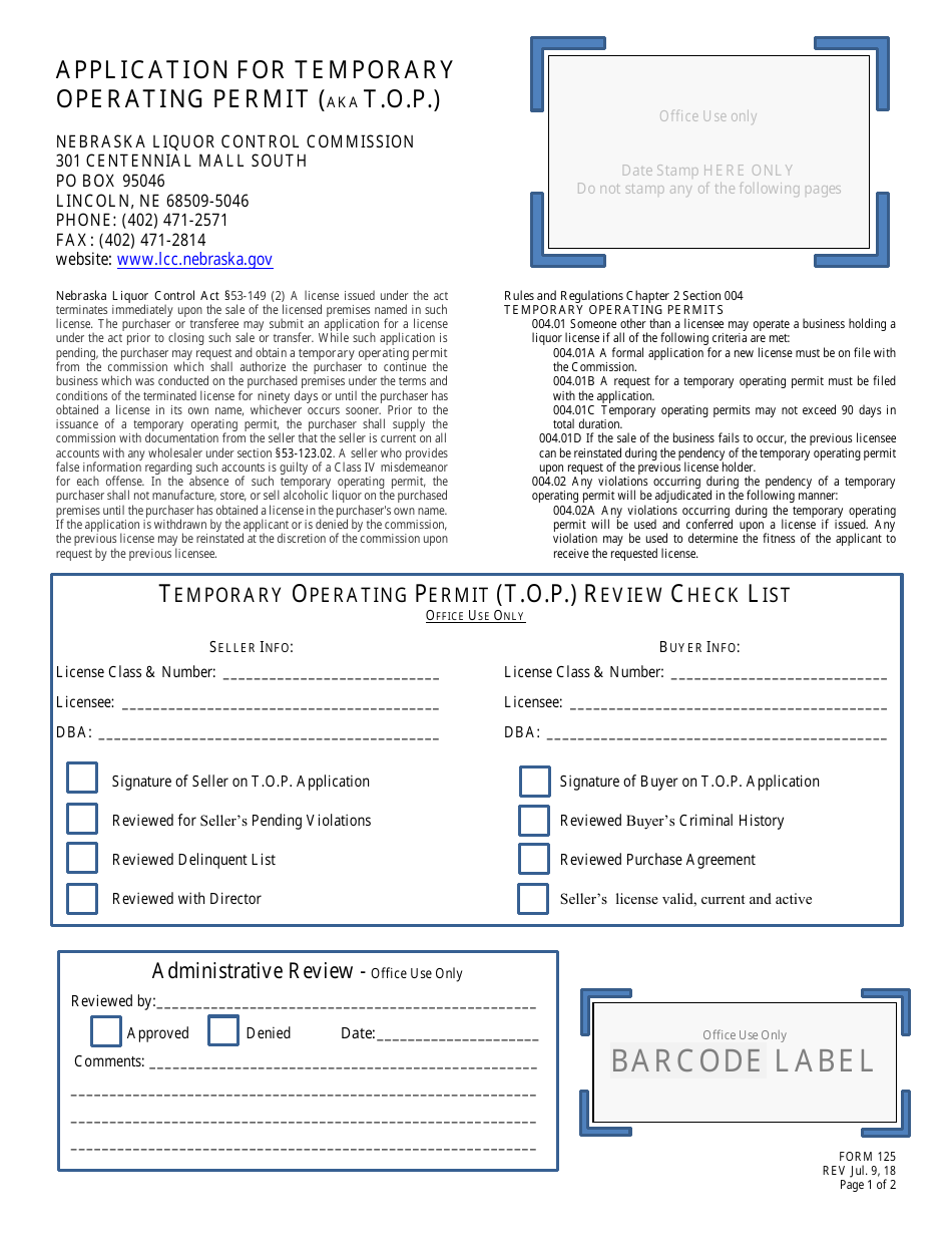 Form 125 Application for Temporary Operating Permit (Aka T.o.p.) - Nebraska, Page 1