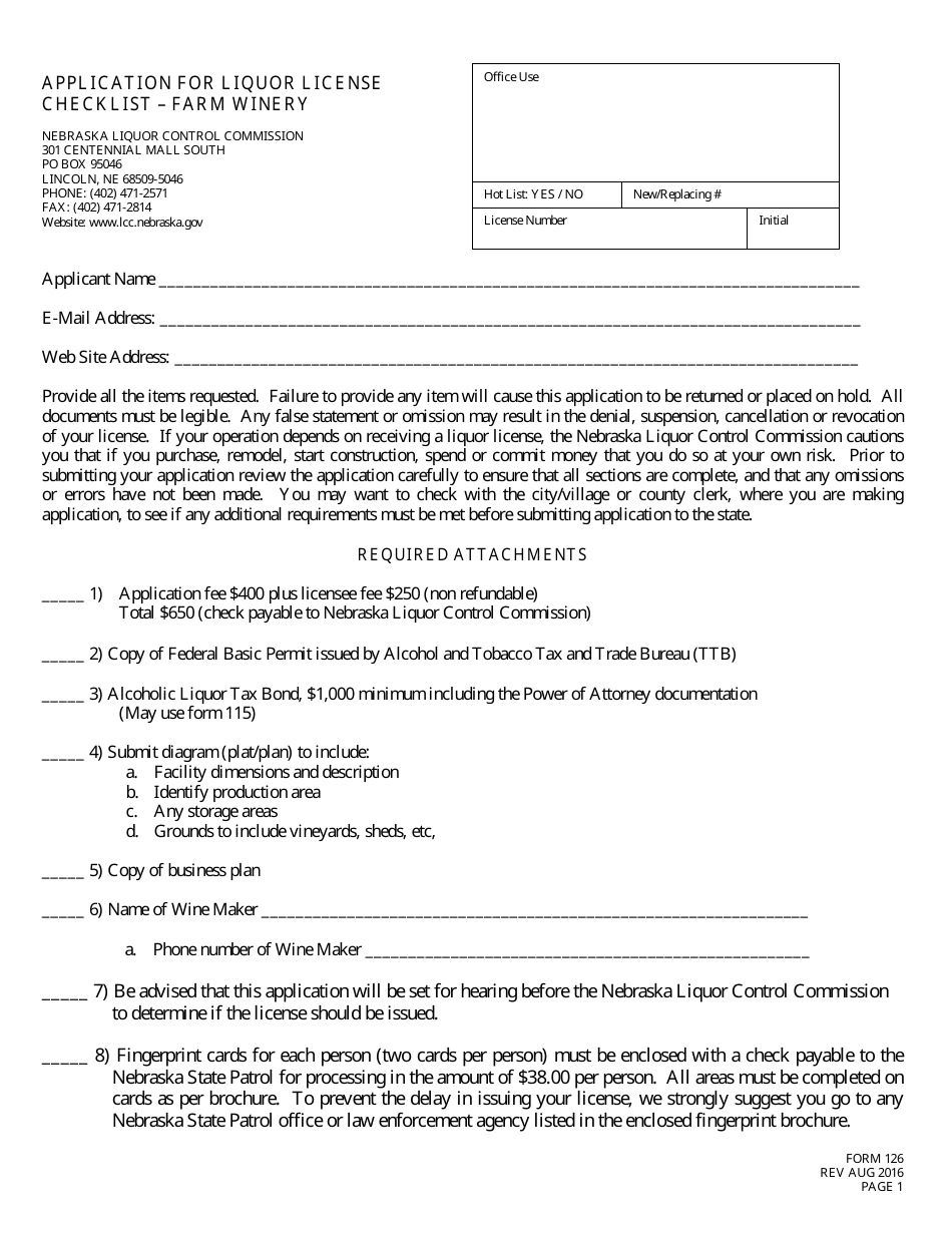 Form 126 Application for Liquor License Checklist - Farm Winery - Nebraska, Page 1