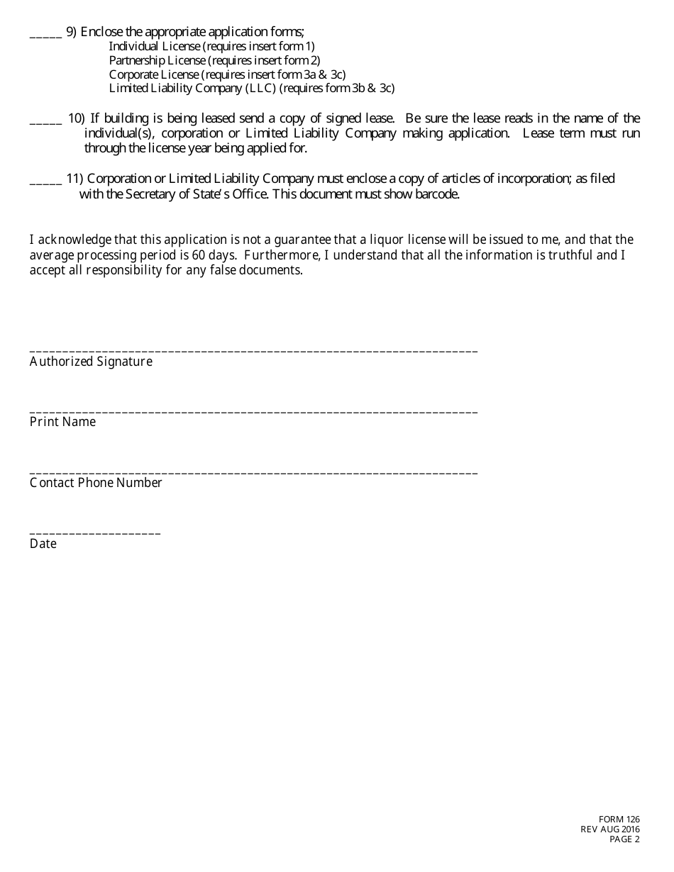 Form 126 Application for Liquor License Checklist - Farm Winery - Nebraska, Page 2