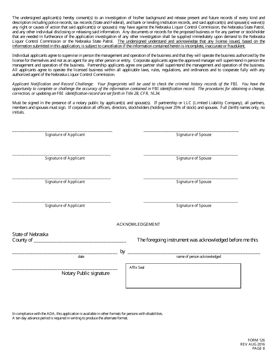 Form 126 Application for Liquor License Checklist - Farm Winery - Nebraska, Page 8