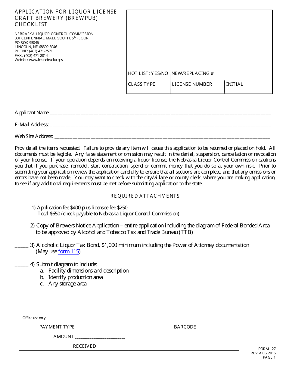 Form 127 Application for Liquor License Craft Brewery (Brewpub) Checklist - Nebraska, Page 1