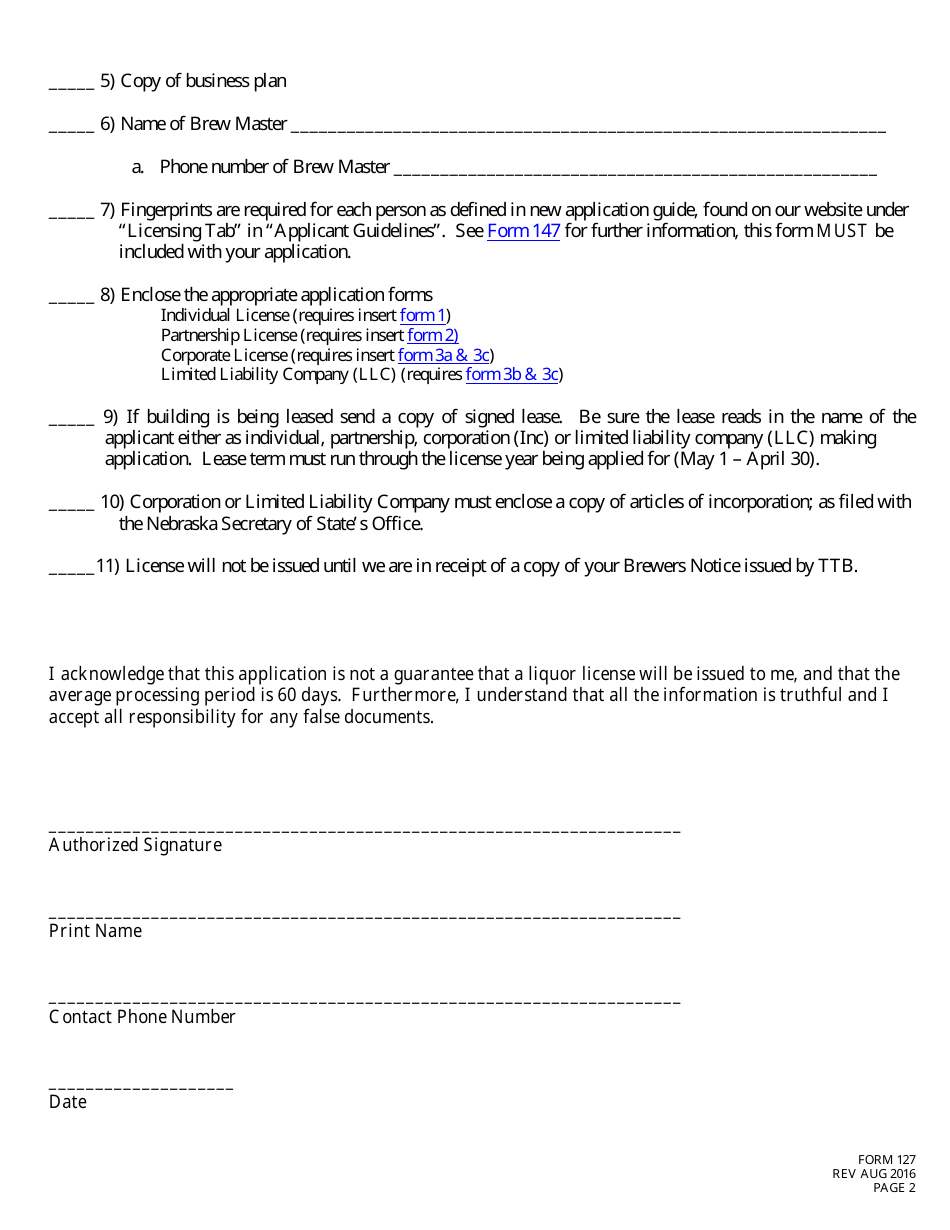 Form 127 Application for Liquor License Craft Brewery (Brewpub) Checklist - Nebraska, Page 2