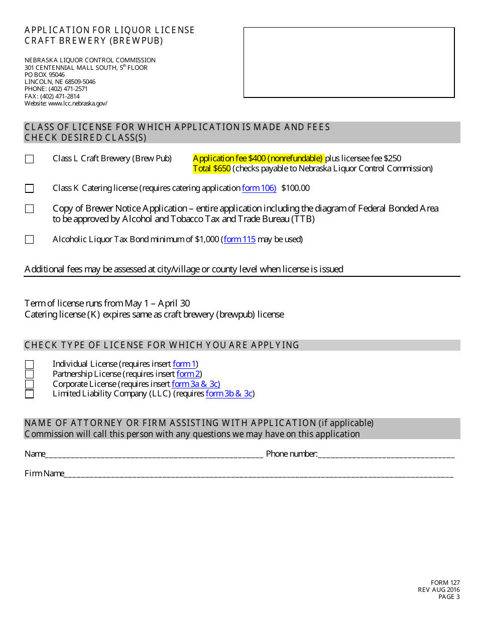 Form 127 Application for Liquor License Craft Brewery (Brewpub) Checklist - Nebraska, Page 3
