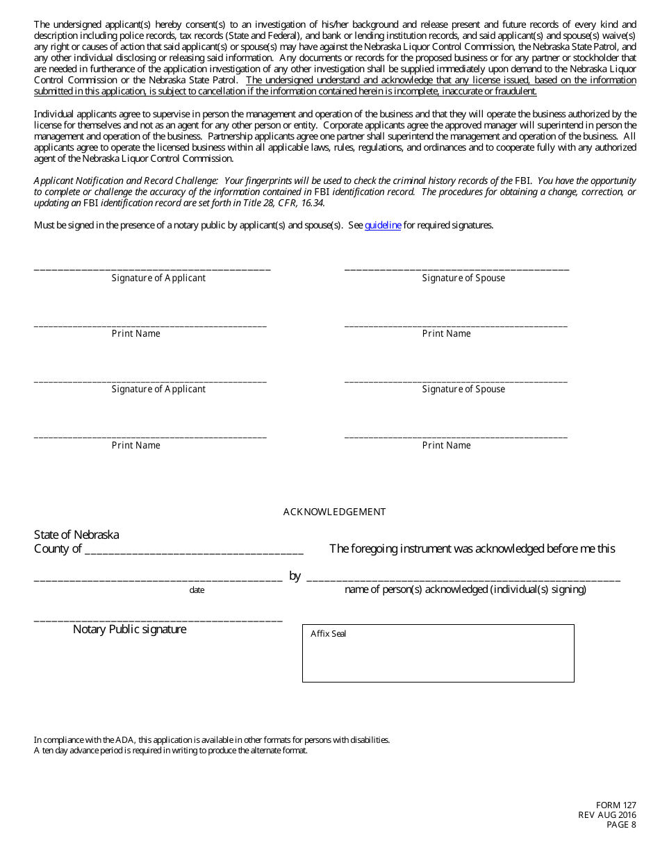Form 127 Application for Liquor License Craft Brewery (Brewpub) Checklist - Nebraska, Page 8