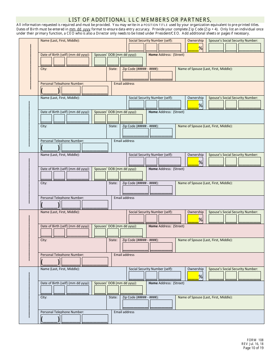 Form 108 Application for Bottle Club Liquor License - Nebraska, Page 10