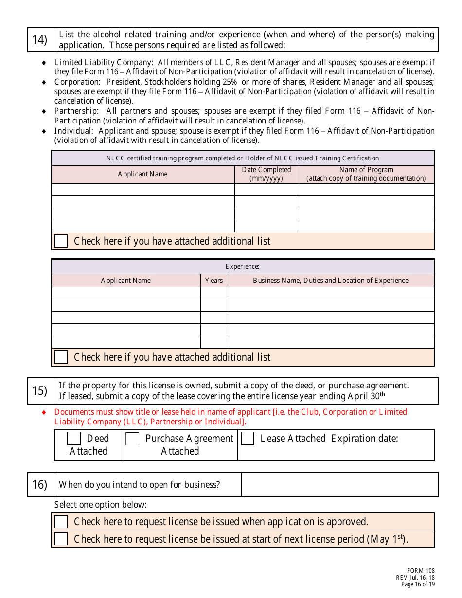Form 108 Application for Bottle Club Liquor License - Nebraska, Page 16