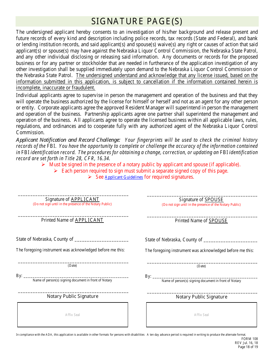 Form 108 Application for Bottle Club Liquor License - Nebraska, Page 18