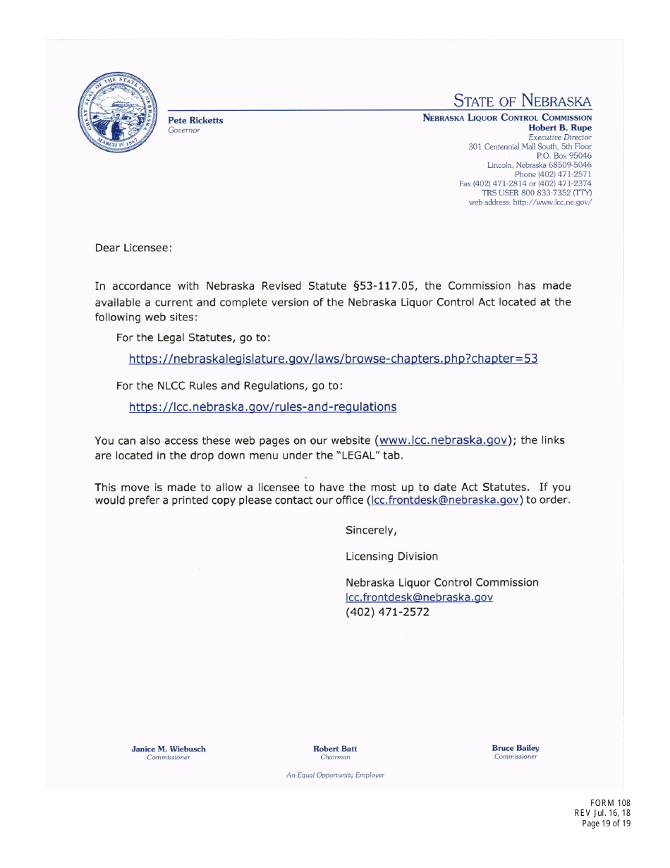 Form 108 Application for Bottle Club Liquor License - Nebraska, Page 19