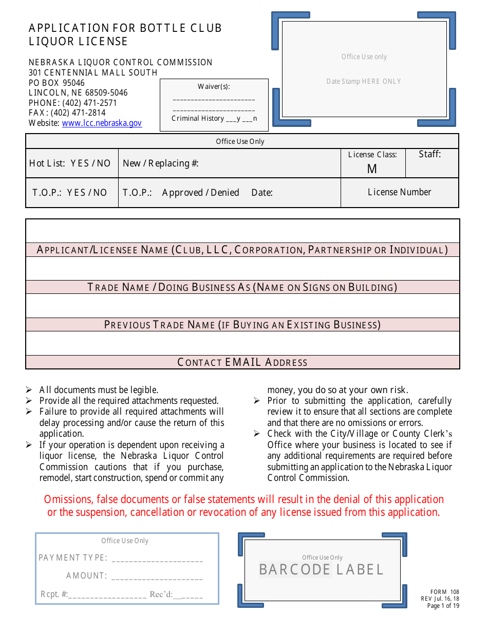 Form 108 Application for Bottle Club Liquor License - Nebraska, Page 1