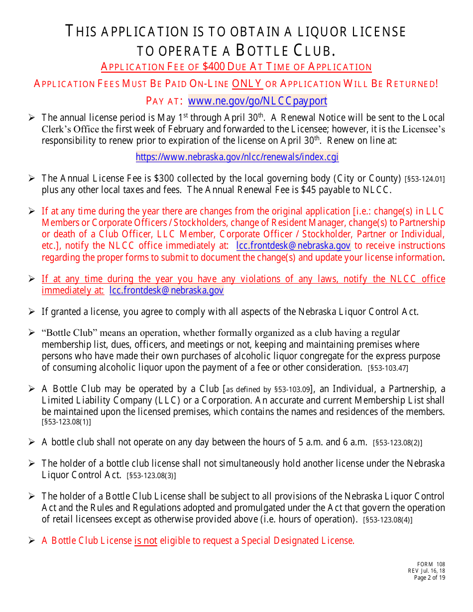 Form 108 Application for Bottle Club Liquor License - Nebraska, Page 2