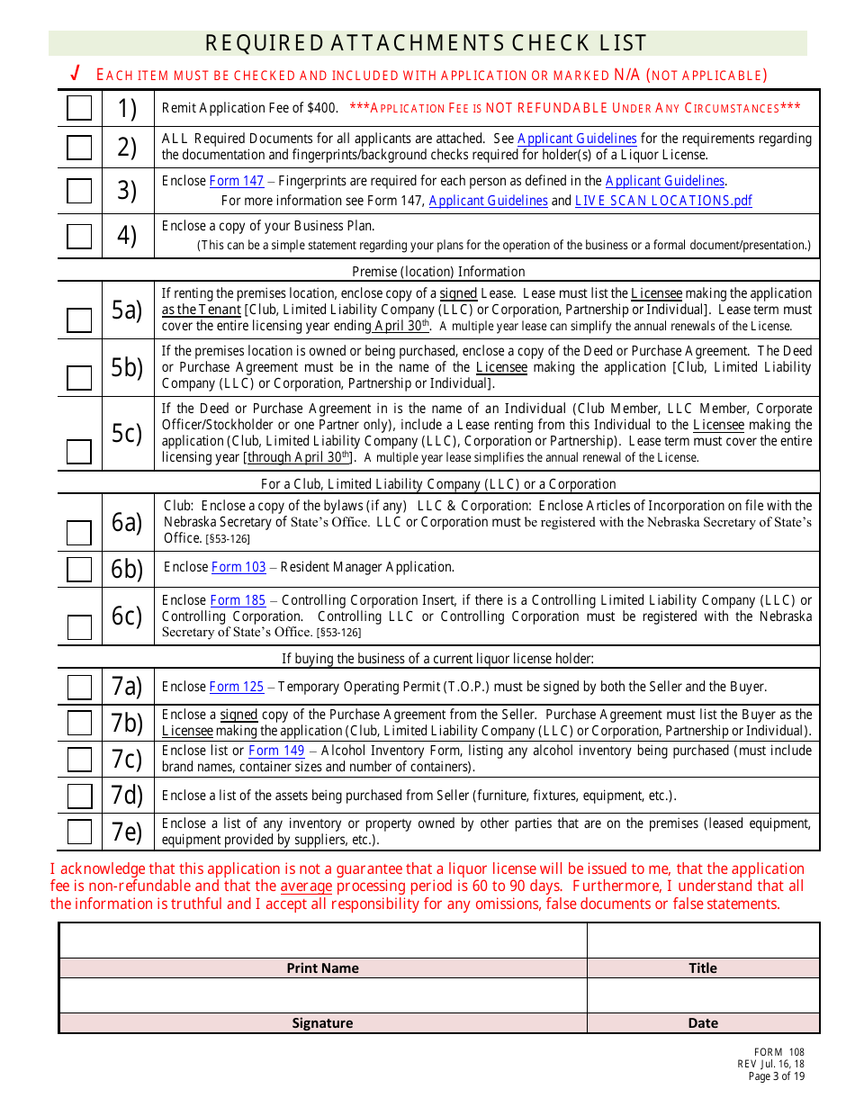 Form 108 Application for Bottle Club Liquor License - Nebraska, Page 3
