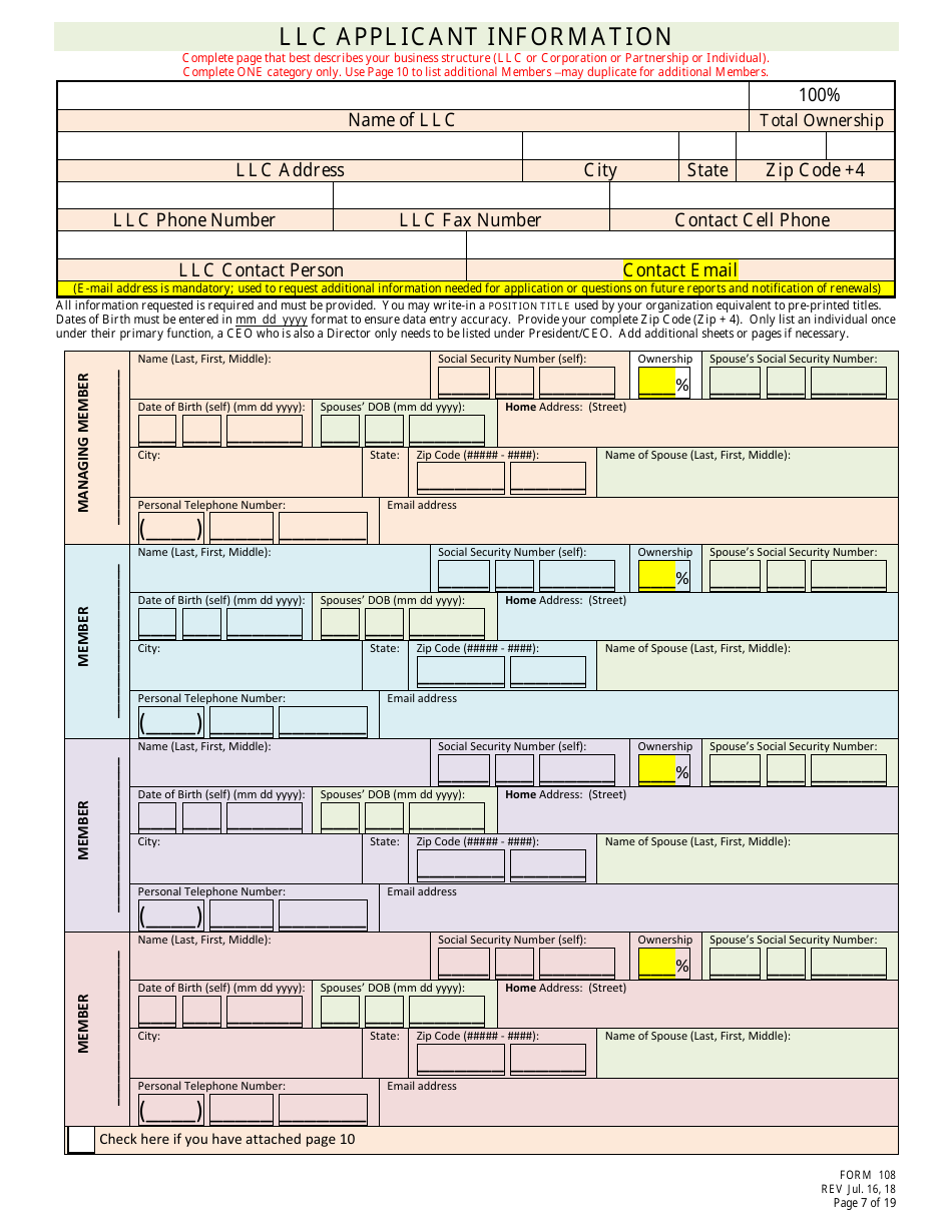 Form 108 Application for Bottle Club Liquor License - Nebraska, Page 7