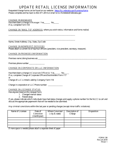 Form 138 Update Retail License Information - Nebraska