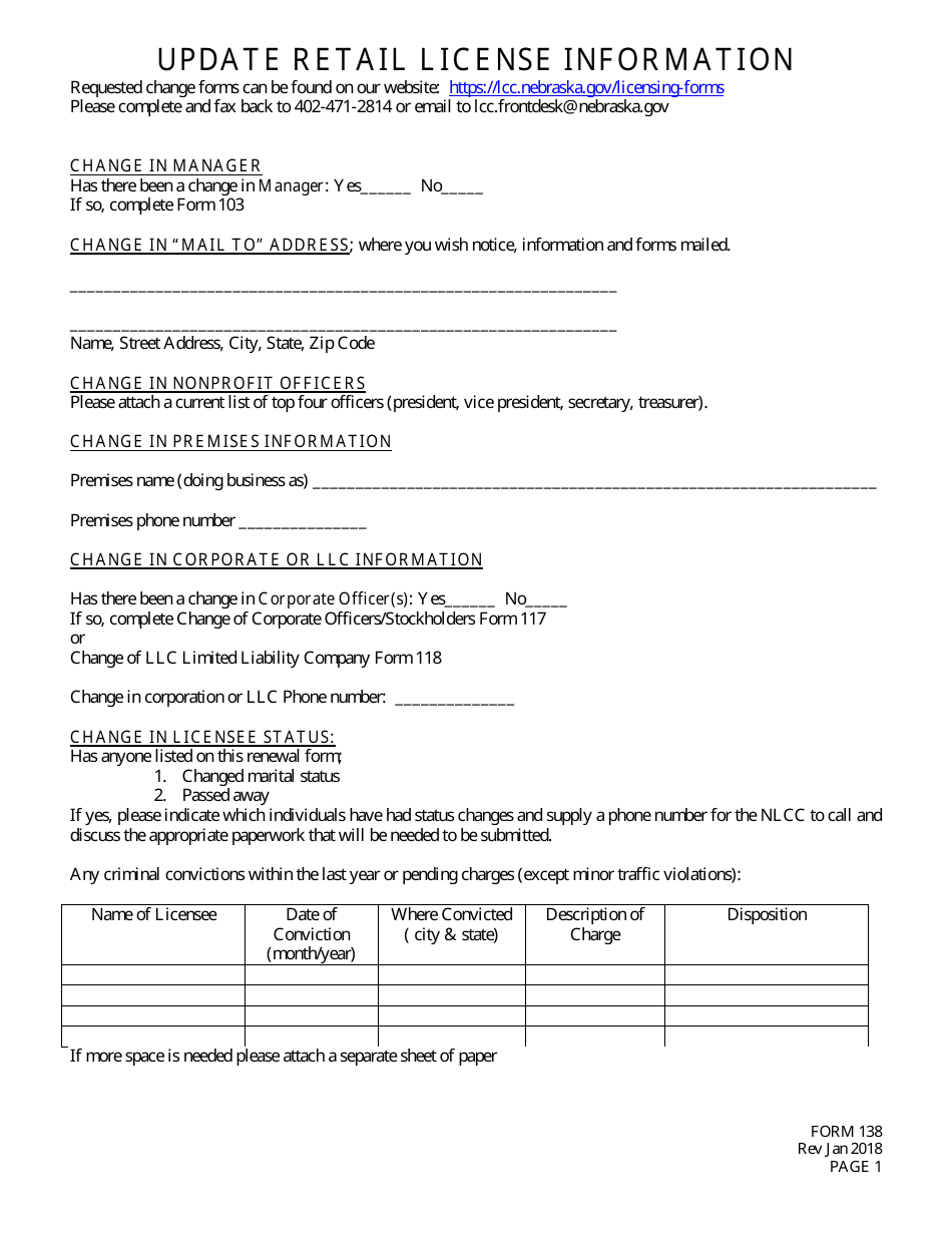 Form 138 Update Retail License Information - Nebraska, Page 1
