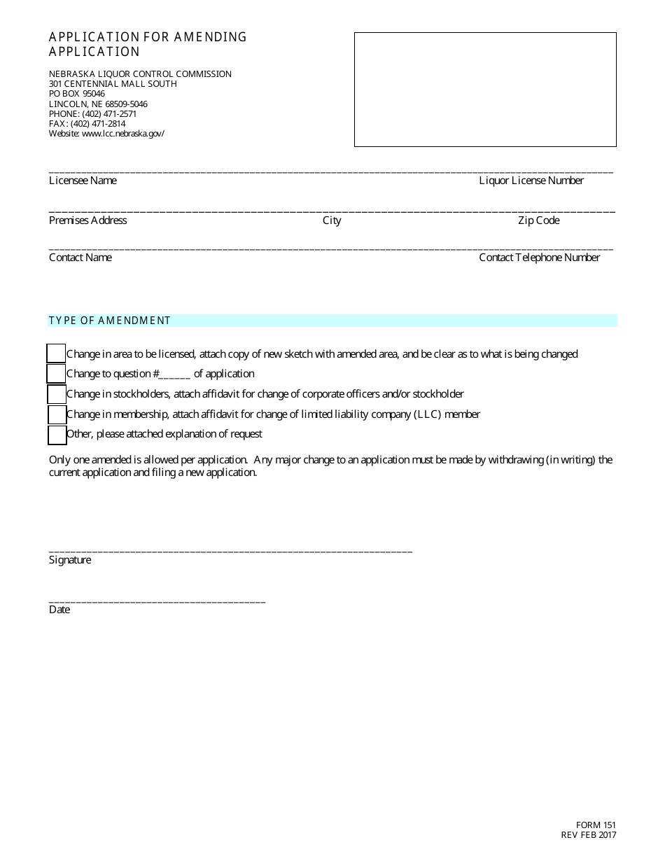 Form 151 Application for Amending Application - Nebraska, Page 1