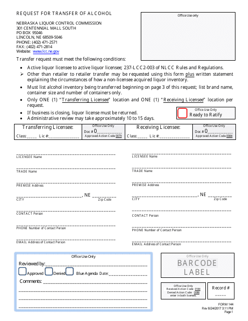 Form FOR144 Request for Transfer of Alcohol - Nebraska