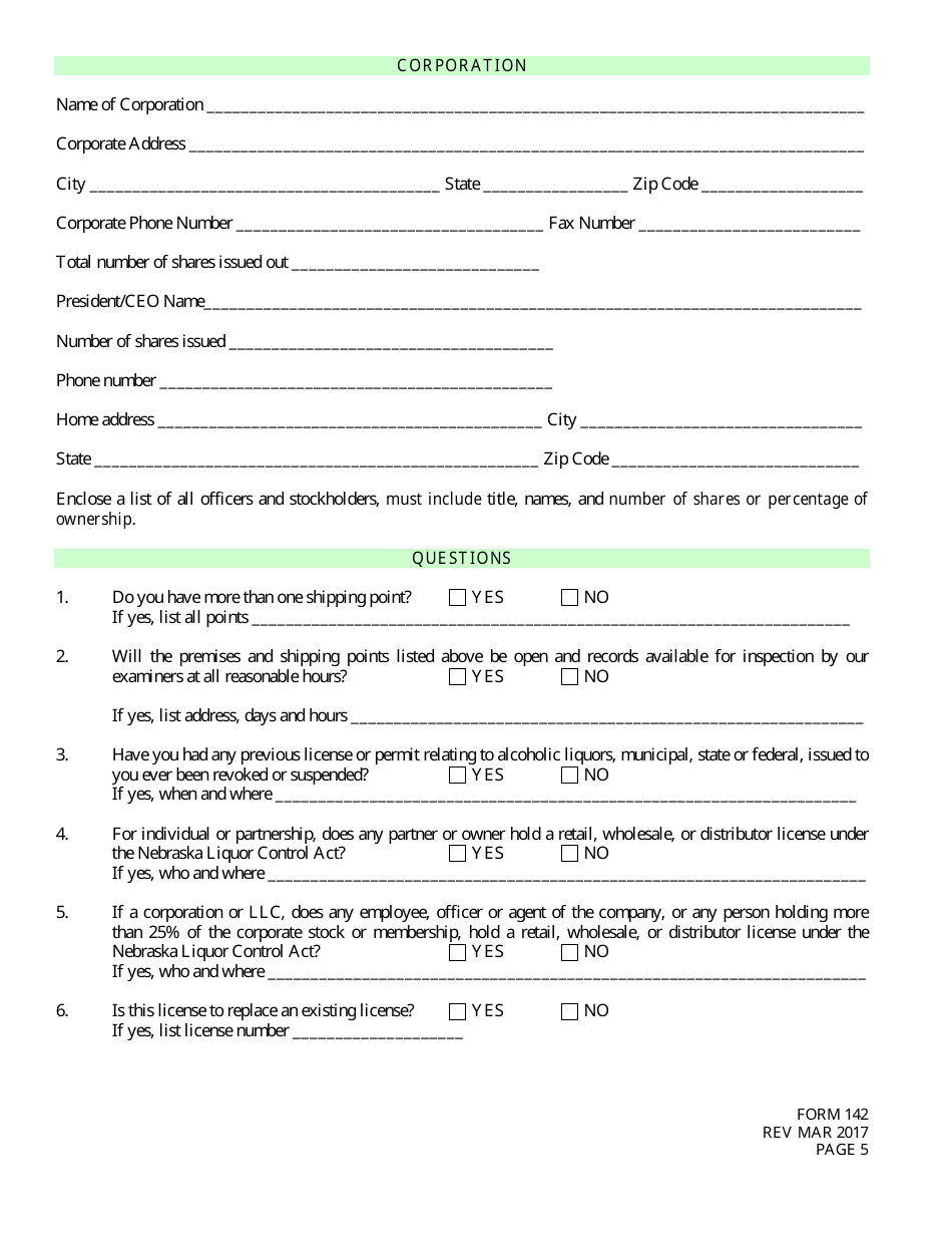 Form 142 Application for License to Ship Direct to Consumers (S1) - Nebraska, Page 5