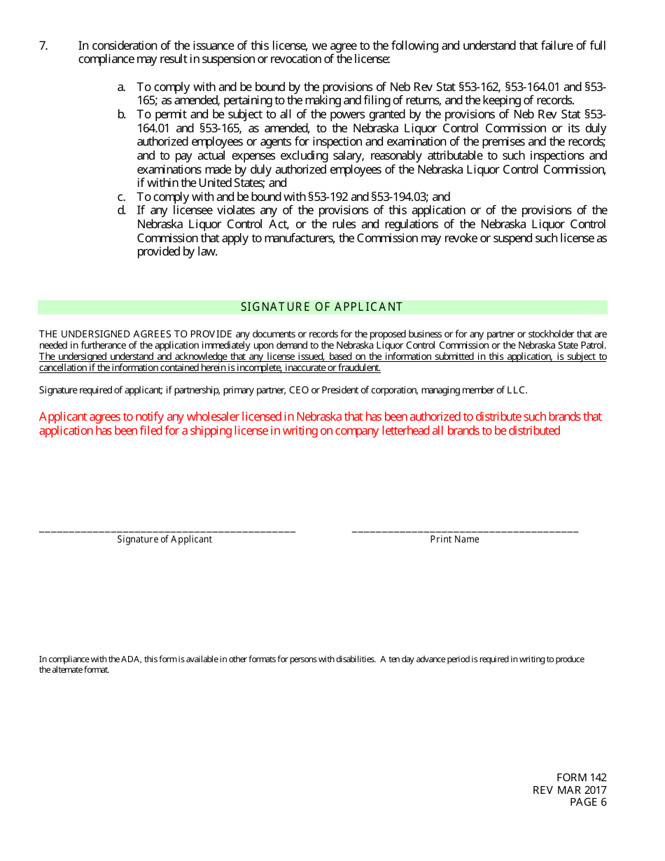 Form 142 Application for License to Ship Direct to Consumers (S1) - Nebraska, Page 6