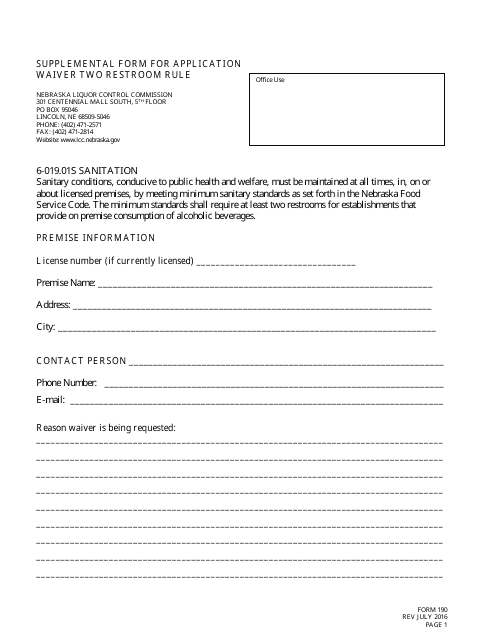 Form 190 Supplemental Form for Application Waiver Two Restroom Rule - Nebraska