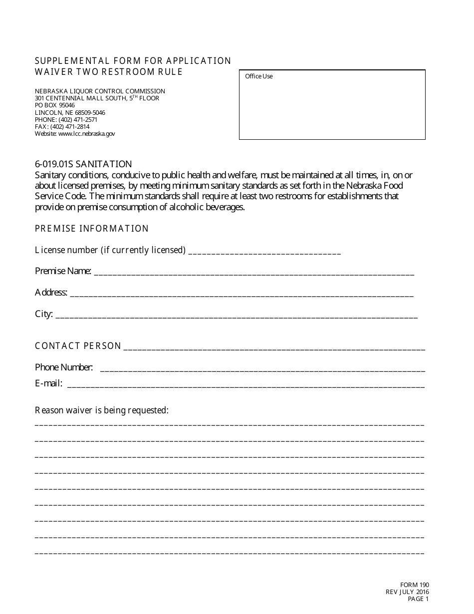 Form 190 Supplemental Form for Application Waiver Two Restroom Rule - Nebraska, Page 1