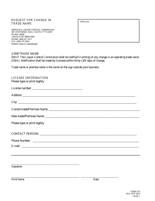 Form 191 - Fill Out, Sign Online and Download Fillable PDF, Nebraska ...