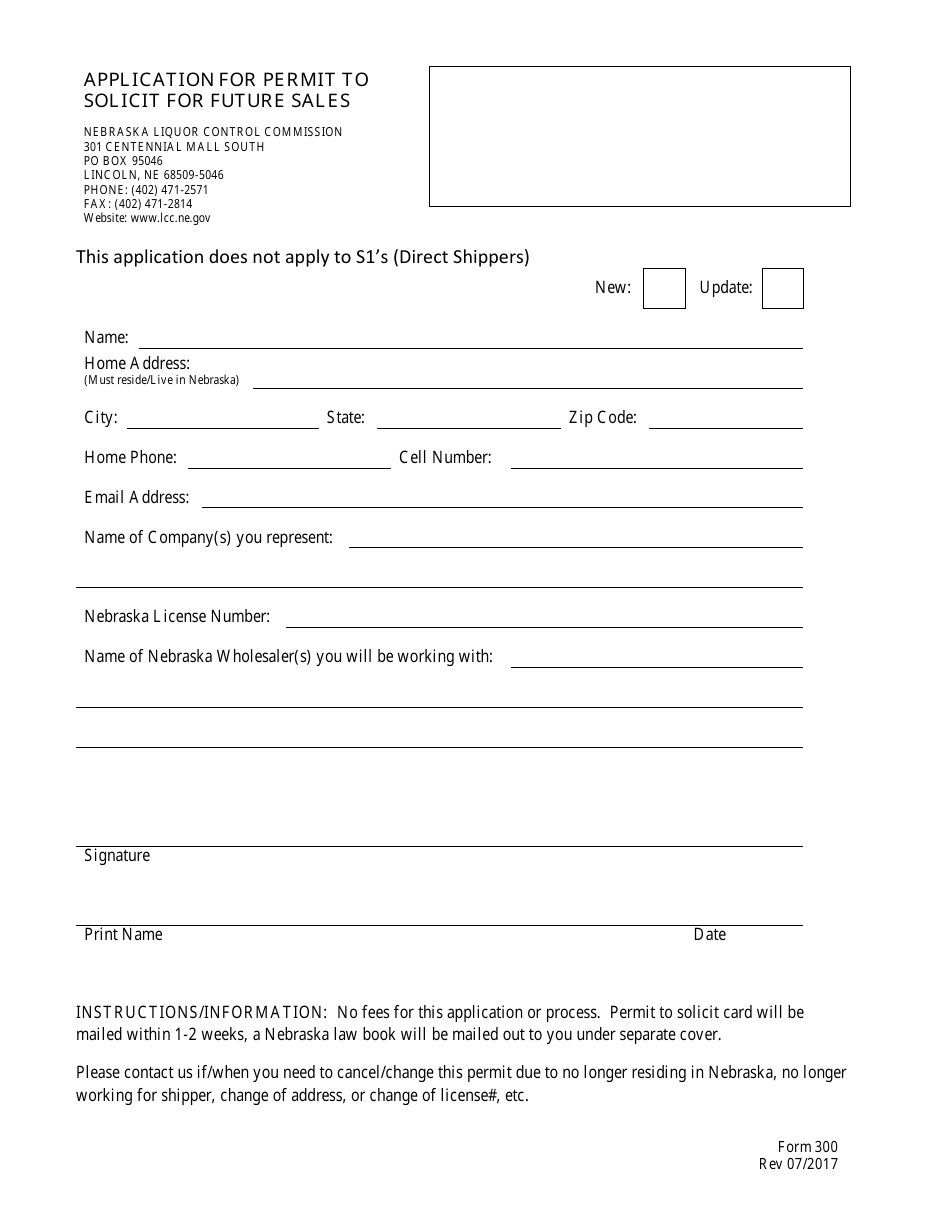 Form 300 Application for Permit to Solicit for Future Sales - Nebraska, Page 1