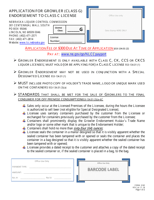 Form 0165 Application for Growler (Class G) Endorsement to Class C License - Nebraska