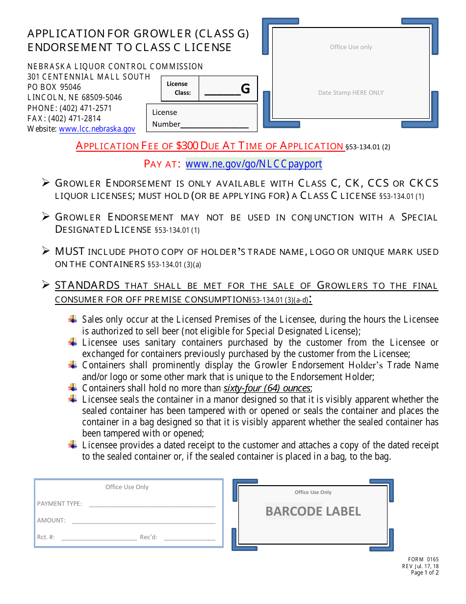 Form 0165 Application for Growler (Class G) Endorsement to Class C License - Nebraska, Page 1